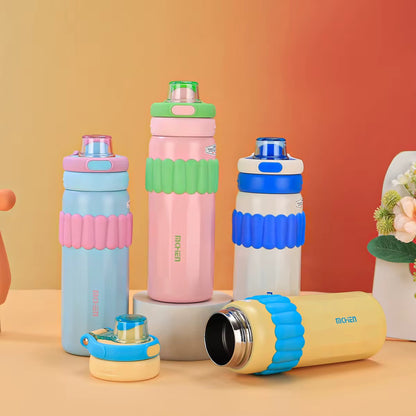 Macaron Insulated Water Bottle 550ml | Leakproof Stainless Steel Sipper with Straw Lid & Silicone Grip | Cute Travel Flask for Kids & Adults