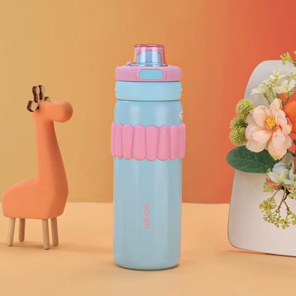 Macaron Insulated Water Bottle 550ml | Leakproof Stainless Steel Sipper with Straw Lid & Silicone Grip | Cute Travel Flask for Kids & Adults