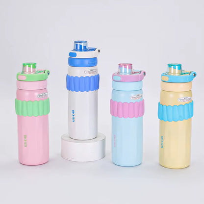 Macaron Insulated Water Bottle 550ml | Leakproof Stainless Steel Sipper with Straw Lid & Silicone Grip | Cute Travel Flask for Kids & Adults