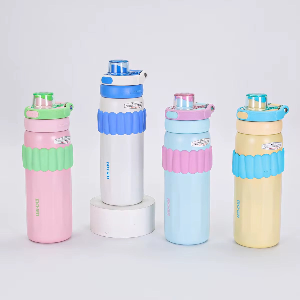 Macaron Insulated Water Bottle 550ml | Leakproof Stainless Steel Sipper with Straw Lid & Silicone Grip | Cute Travel Flask for Kids & Adults