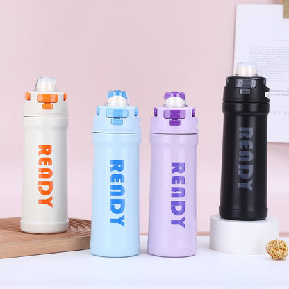 READY Insulated Water Bottle with Straw Lid | Leakproof Stainless Steel Flask for Kids & Adults | Hot & Cold Travel Bottle (550ml)