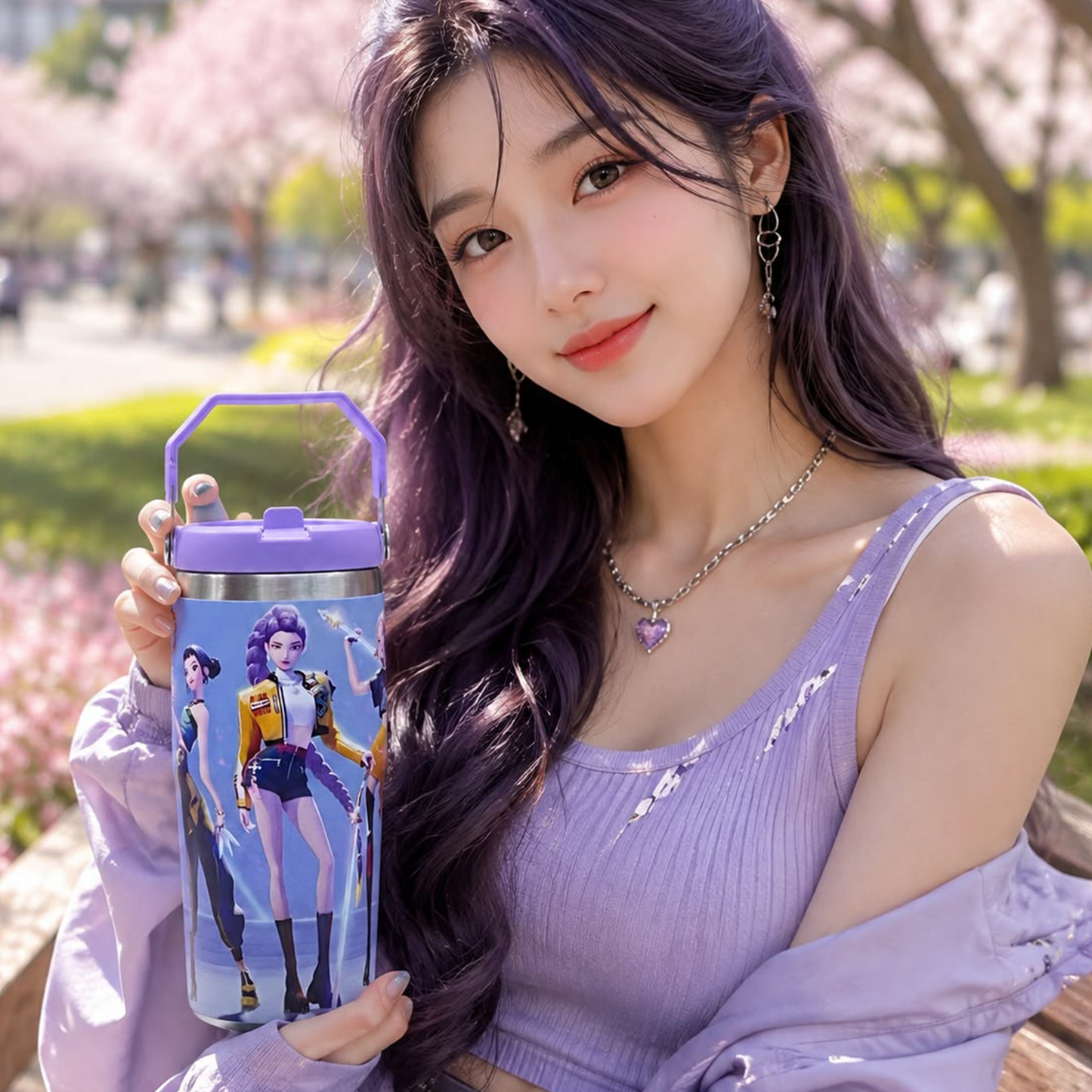 K-pop Demon Hunters 600ml Vacuum Insulated Tumbler | Korean Anime Travel Cup with Handle
