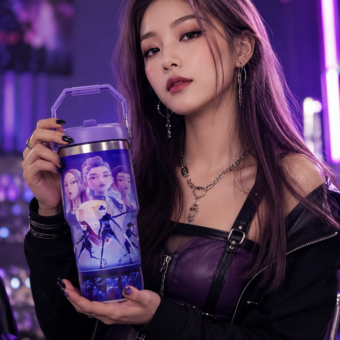 K-pop Demon Hunters 600ml Vacuum Insulated Tumbler | Korean Anime Travel Cup with Handle