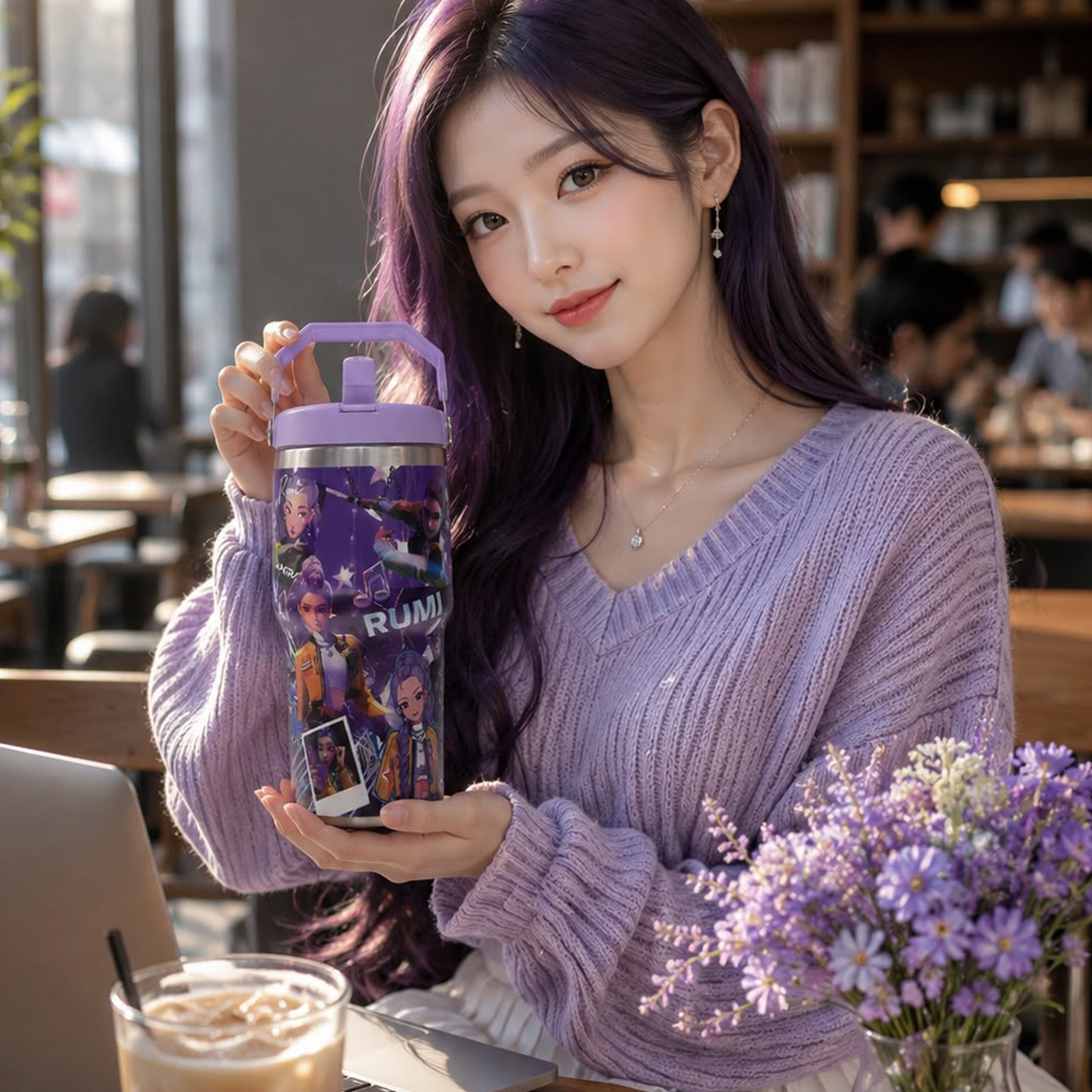 K-pop Demon Hunters 600ml Vacuum Insulated Tumbler | Korean Anime Travel Cup with Handle