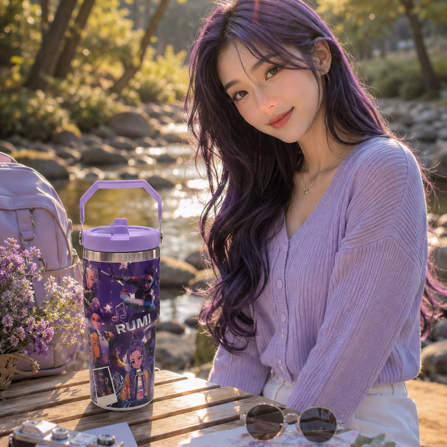K-pop Demon Hunters 600ml Vacuum Insulated Tumbler | Korean Anime Travel Cup with Handle
