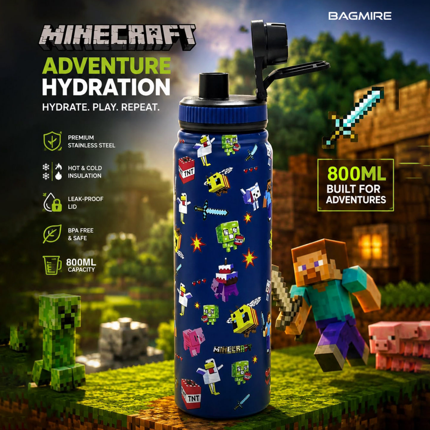 BAGMIRE Minecraft Pixel Adventure 800ml Premium Insulated Stainless Steel Water Bottle | Leakproof Vacuum Flask for School, Travel & Gaming