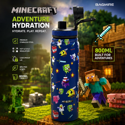 BAGMIRE Minecraft Pixel Adventure 800ml Premium Insulated Stainless Steel Water Bottle | Leakproof Vacuum Flask for School, Travel & Gaming