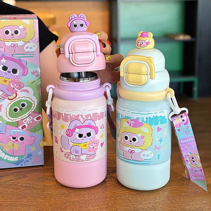 Kawaii 500ml Cartoon Insulated Water Bottle – Dual Sip Straw & Portable Shoulder Strap Sipper for Kids & Girls