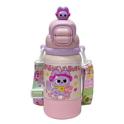 Kawaii 500ml Cartoon Insulated Water Bottle – Dual Sip Straw & Portable Shoulder Strap Sipper for Kids & Girls
