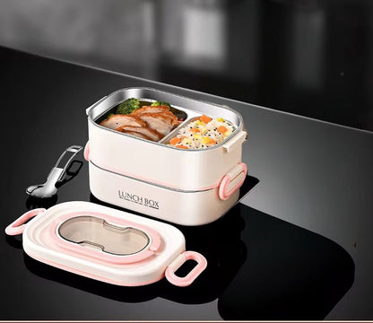 1600ML Stainless Steel Lunch Box – 2-Tier Stackable Tiffin Box with Spoon, Multi-Compartment Food Container for Office, School & Travel
