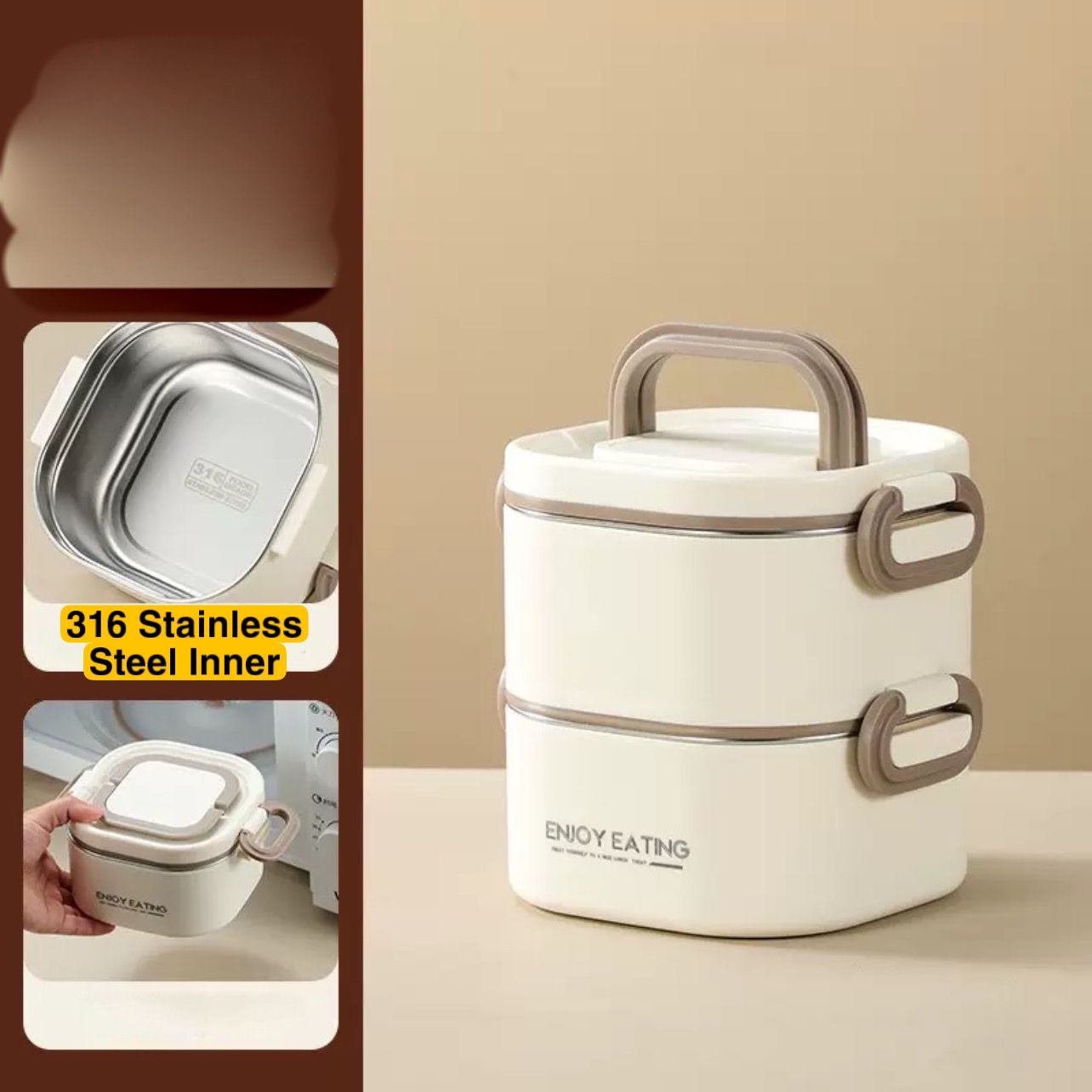 1300ml Aesthetic 2-Tier Stainless Steel Bento Lunch Box – Portable Tiffin Container with Foldable Handle for Kids & Adults