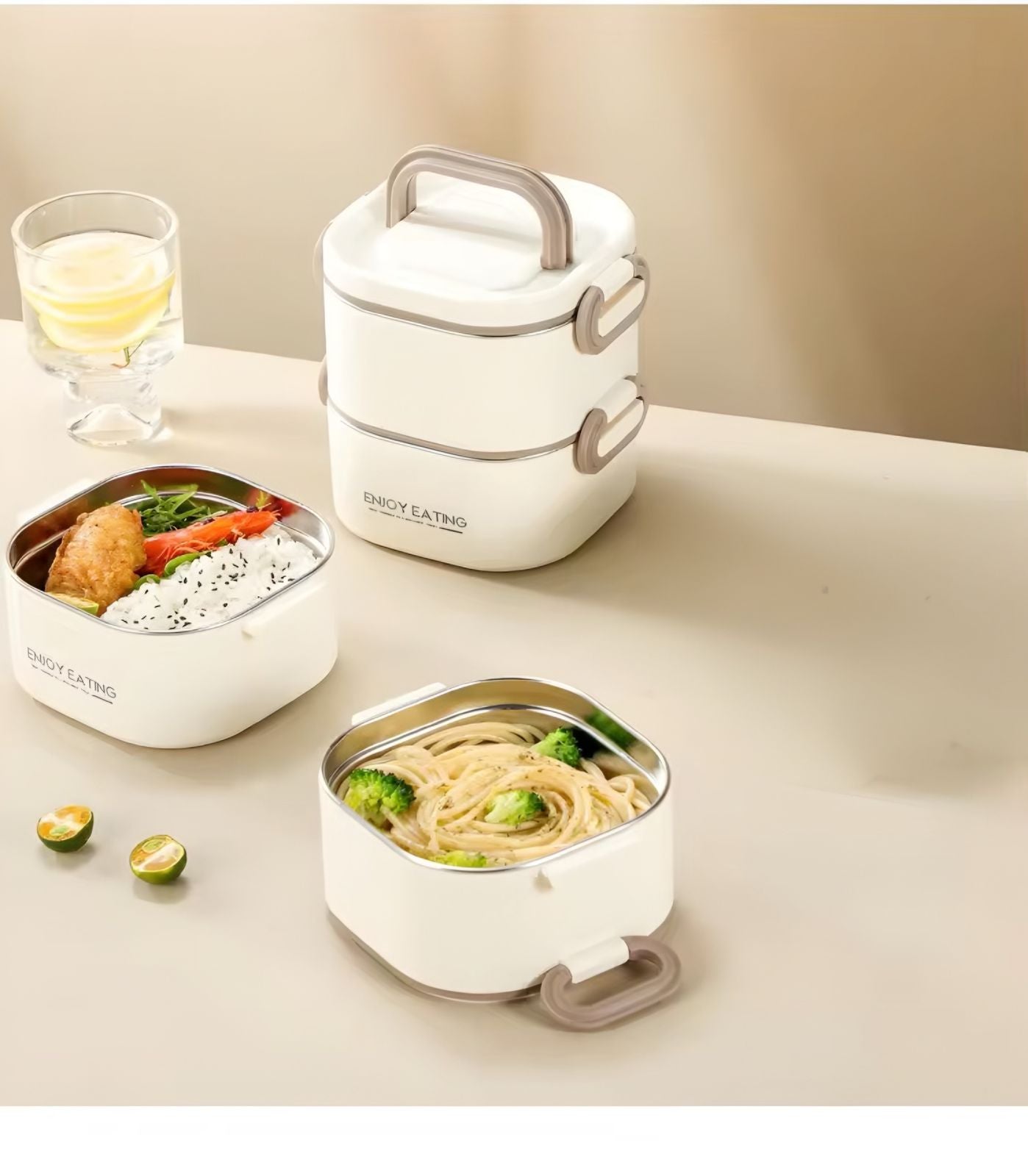1300ml Aesthetic 2-Tier Stainless Steel Bento Lunch Box – Portable Tiffin Container with Foldable Handle for Kids & Adults
