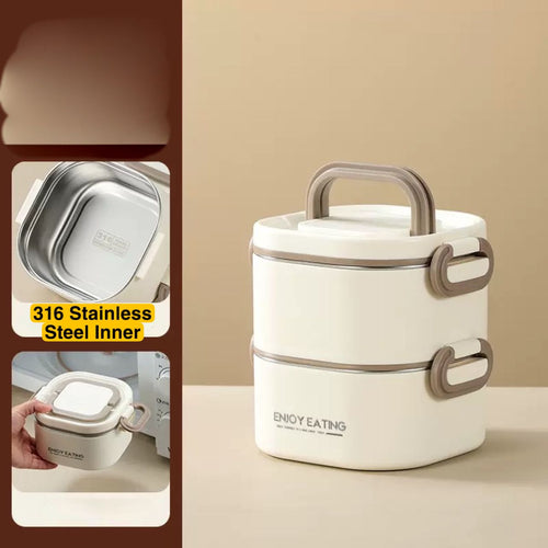 1300ml Aesthetic 2-Tier Stainless Steel Bento Lunch Box – Portable Tiffin Container with Foldable Handle for Kids & Adults