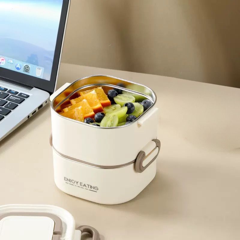 1300ml Aesthetic 2-Tier Stainless Steel Bento Lunch Box – Portable Tiffin Container with Foldable Handle for Kids & Adults