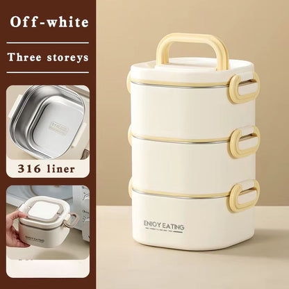 1950ml Large Capacity 3-Tier Stainless Steel Bento Lunch Box – Portable Off-White Tiffin Container with Handle for Adults & Office