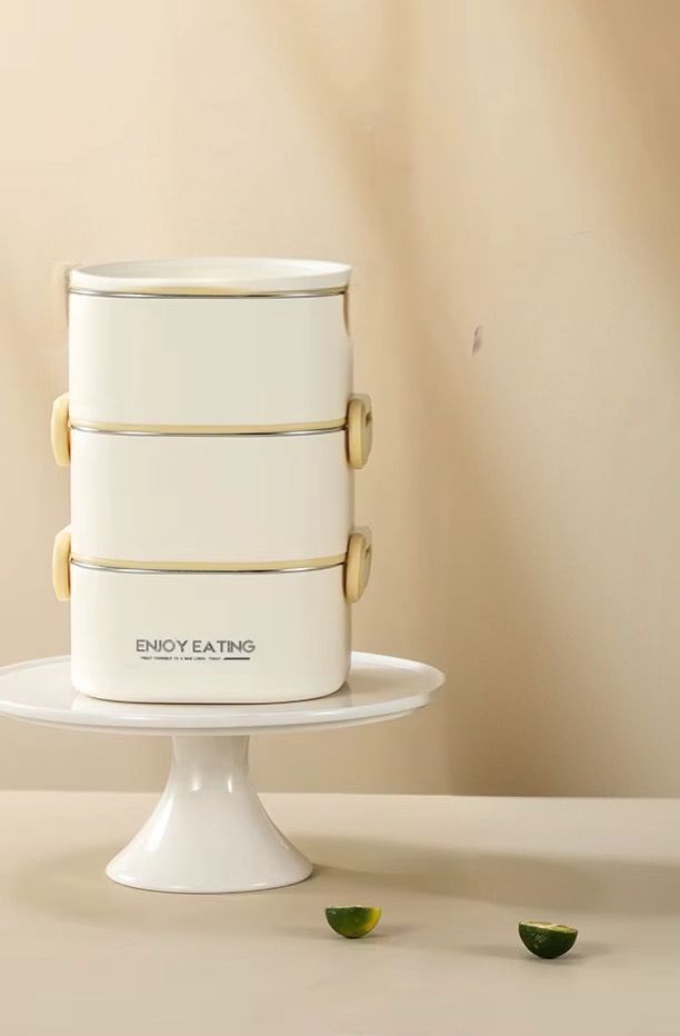 1950ml Large Capacity 3-Tier Stainless Steel Bento Lunch Box – Portable Off-White Tiffin Container with Handle for Adults & Office