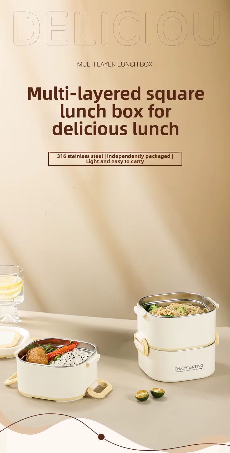 1950ml Large Capacity 3-Tier Stainless Steel Bento Lunch Box – Portable Off-White Tiffin Container with Handle for Adults & Office