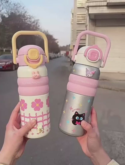 Kids Water Bottle with Handle – Cute Design(BPA-Free, Leak-Proof, 600ml)-red